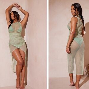 NWT Mint Glitter Mesh One Shoulder Midi Dress